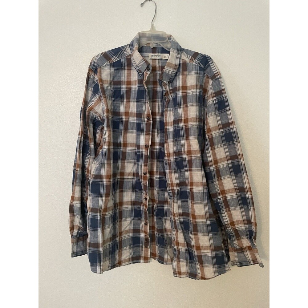 Faded Glory Plaid Button Up Shirt Brown Blue XL